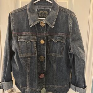 CAbi Women's Dark Blue Denim Jacket with Unique Buttons